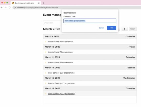 create edit delete events in php