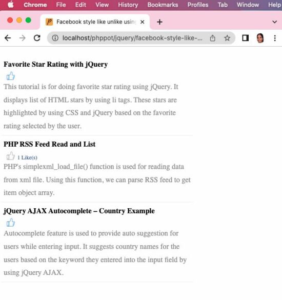 likes unlikes php jquery