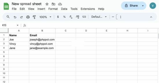 google sheets record set