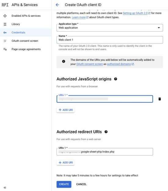 google client create form