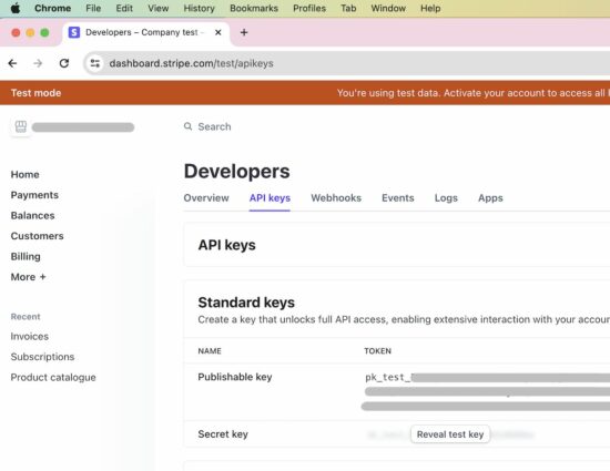 stripe api keys in dashboard