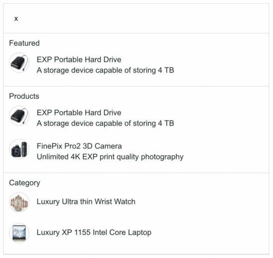 eCommerce Live Search Result