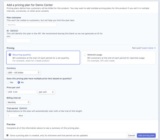 Creating Pricing Plan