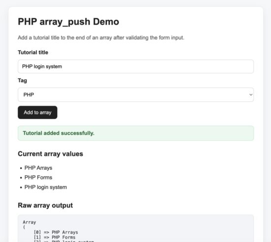 PHP array_push add tags without duplicates demo output