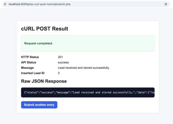 Successful PHP cURL POST response displayed in the browser