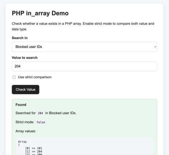 PHP in_array role validation demo output