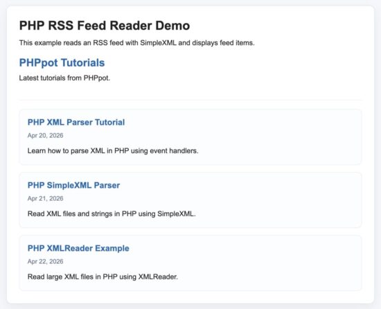 PHP RSS feed reader output showing RSS feed items