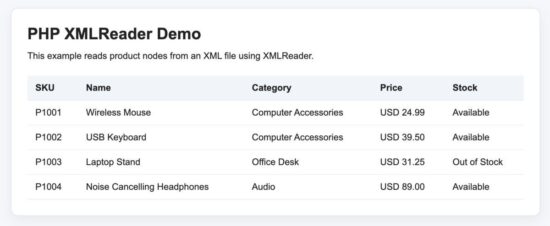 PHP XMLReader output showing product records in a table