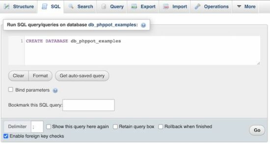 phpmyadmin sql tab
