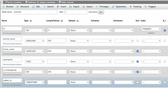 create table column