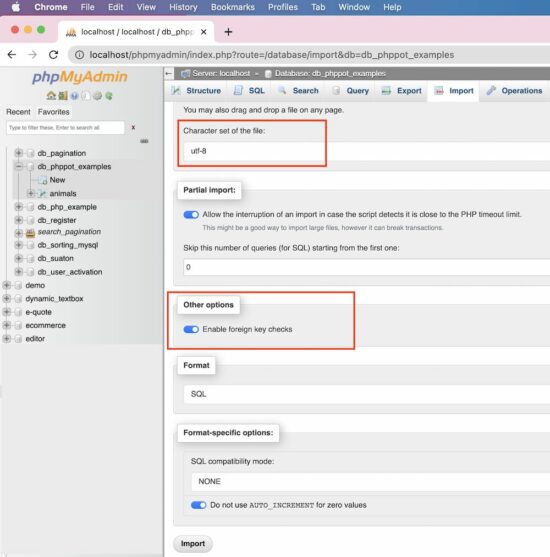 phpmyadmin import options