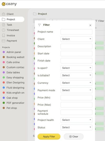 project search filter