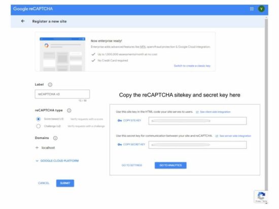 google recaptcha v3 keys